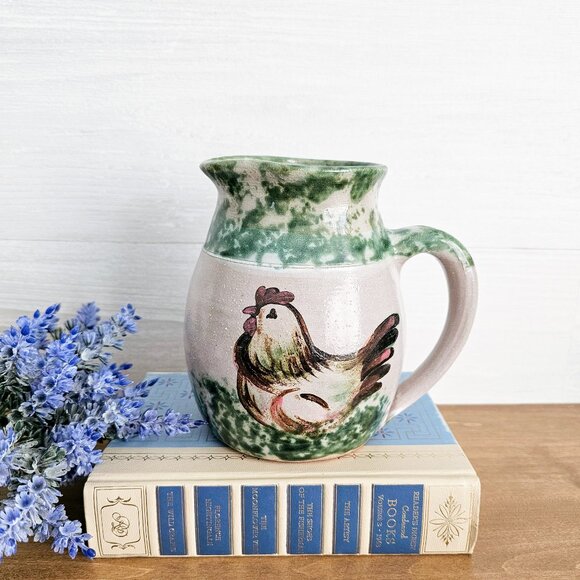 Studio Art Pottery Ceramic Green & Gray Chicken Rooster Jug Pitcher with Handle - Picture 1 of 10